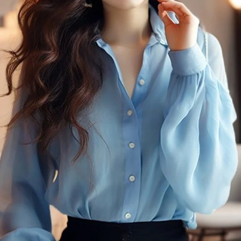 Spring Autumn New POLO Collar Fashion Long Sleeve Shirt Women High Street Solid Color Button Cardigan Elegant All-match Tops