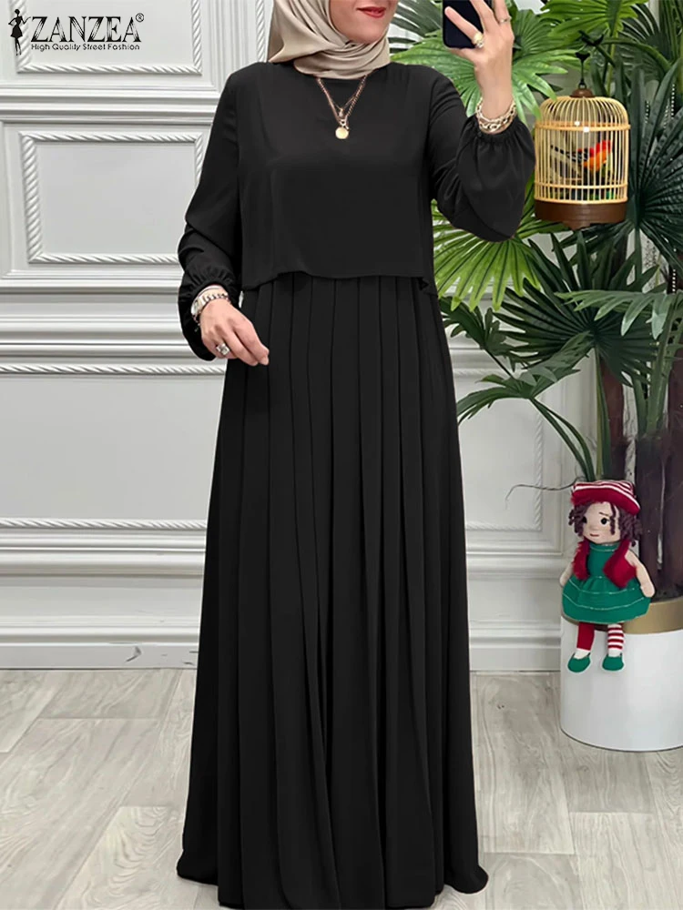 Women Autumn Patchwork Dresses 2025 ZANZEA Muslim Abaya Robe Femme Elegant Long Sleeve Solid Pleated Sundress IsIamic Clothing