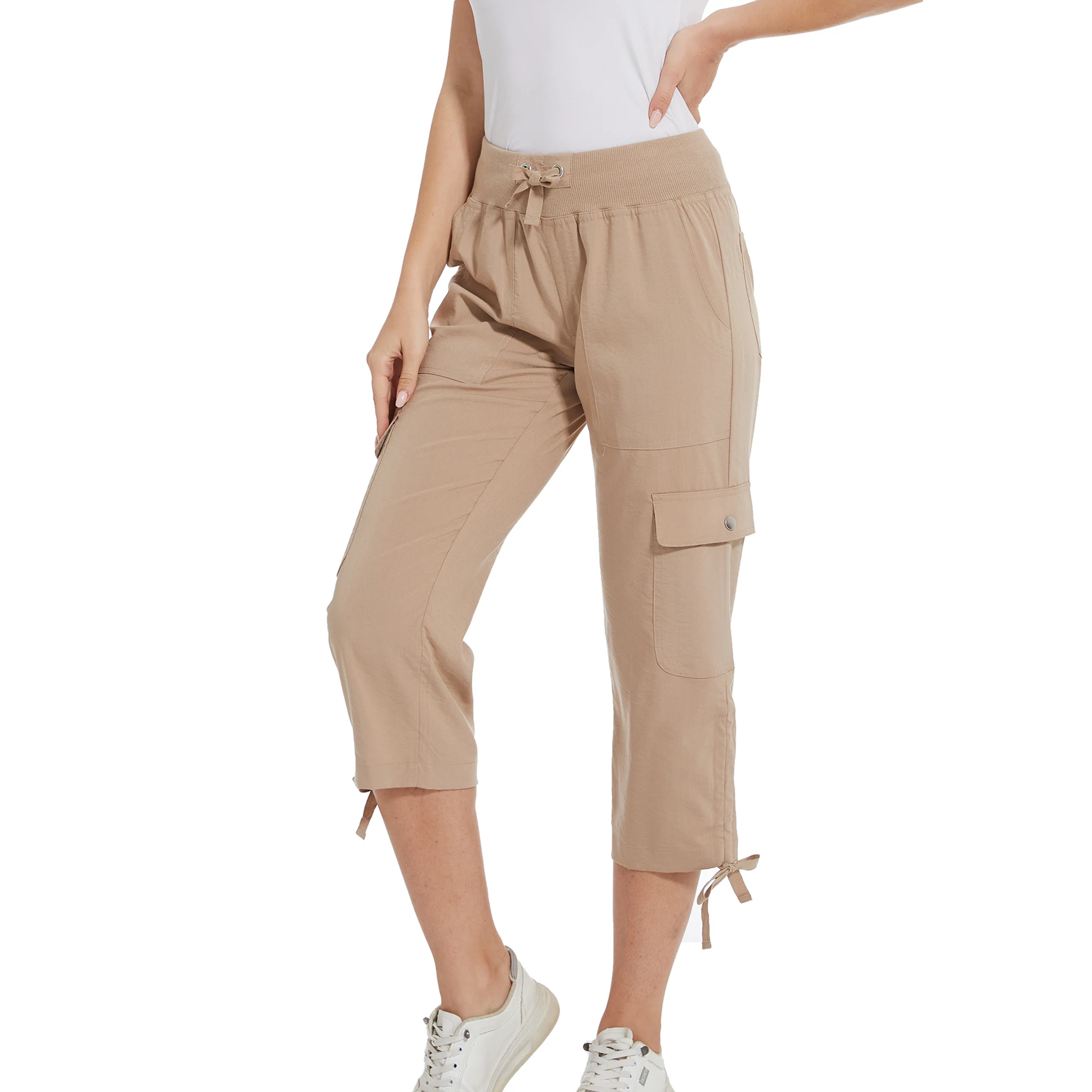 Calça capri casual feminina, linho de algodão, calça ioga elástica na cintura larga, calça feminina solta para mãe, 7 bolsos, verão