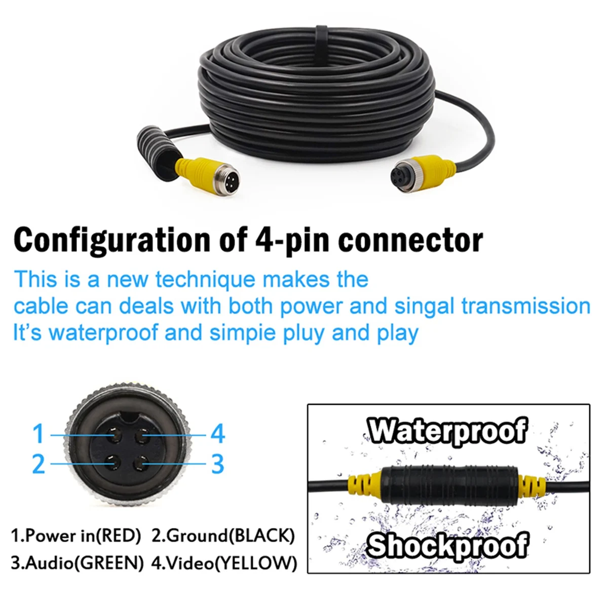 4 Pin Car Video DVR Cable Reversing Aviation Head Car Camera Video Cable Extension Cable Wire for Car Truck (20M)