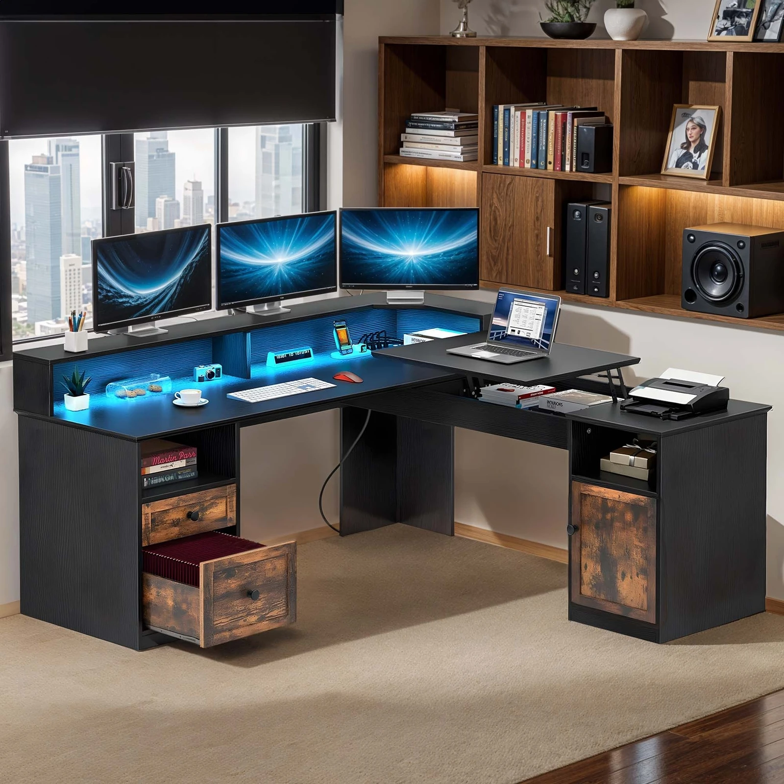 

59" L Shaped Corner Office Computer Desk Lift Top Table Drawers w/ LED Light