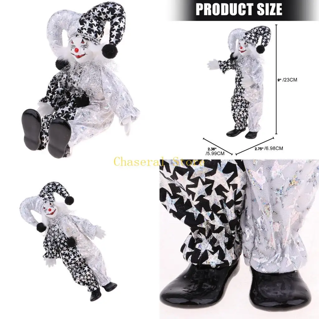 E7CE Movable Limb Clown Doll Ceramic Figurine Statue Halloween Tabletop Ornament
