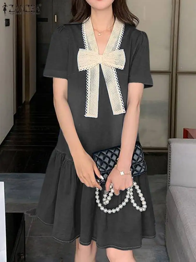 Elegant Women Summer Dress ZANZEA New Denim Blue Party Sundress Short Sleeve Ruffles Hem Vestidos Bow Tie Work Robe Femme image 3