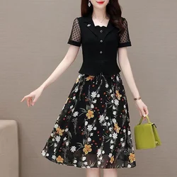 Summer Fashion Floral Printing Midi Dress Women High Street Casual Short Sleeve Elegant Dresses Button Fake Two Pieces Vestidos