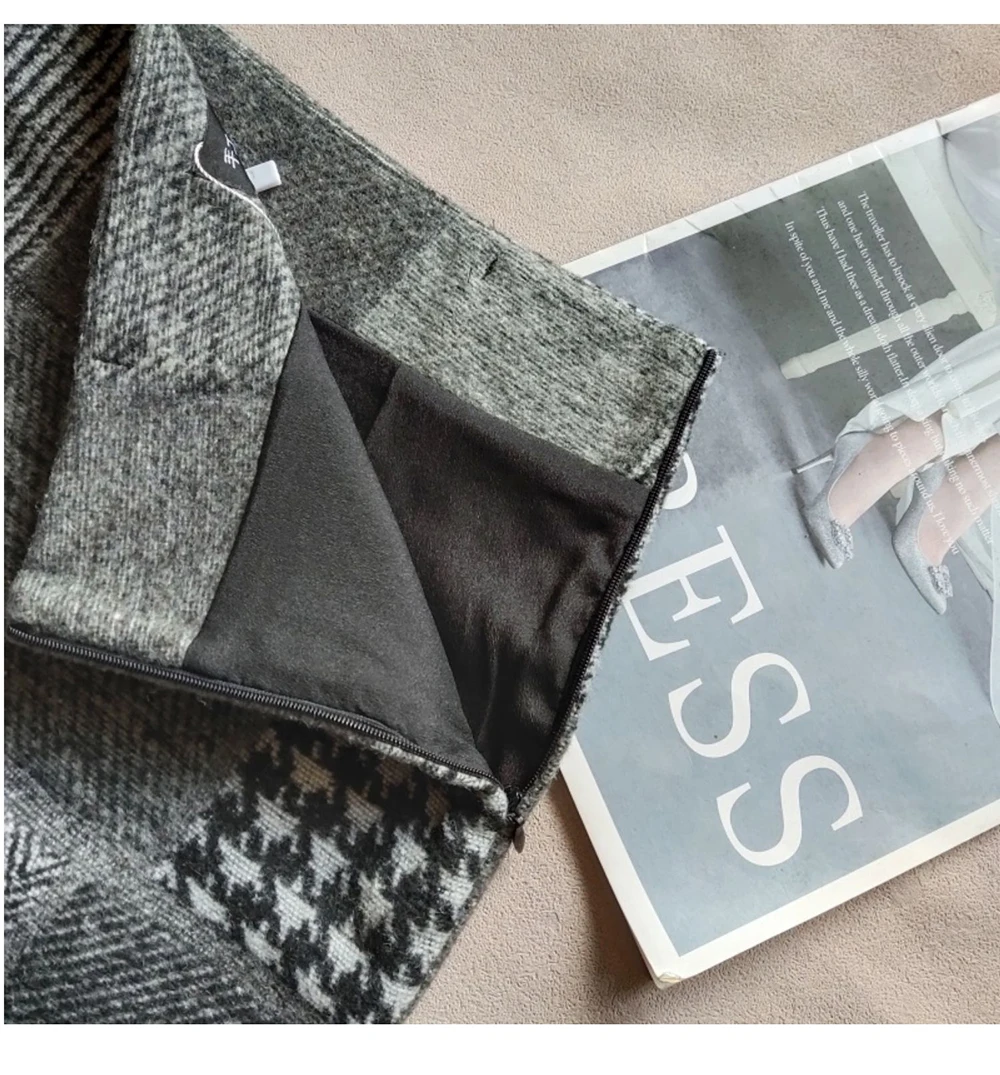 パッチワーク格子柄厚手スカート レディース 2025秋冬 レトロ ハイウエスト ウール ペンシルスカート シック スリムフィット 多用途スカート