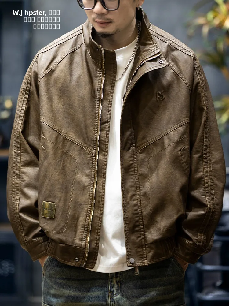 

Модная мужская ветрозащитная куртка из искусственной кожи (ПУ) в американском стиле, свободного кроя, с воротником-стойкой, для осеннего сезона, стандартной длины.