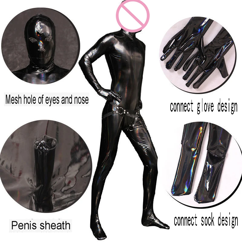 

Faux Leather Jumpsuits Cosplay Zentai Catsuit Dazzle Black Onesie All Inclusive Bodysuit Rear Crotch Invisible Zipper Shapewear