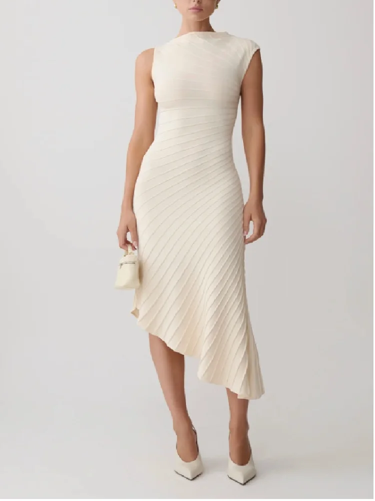 CHIC French Elegant Luxury Asymmetrical Design Pleats Slim Woman's Dress Sexy Sheath Tight Knitwear Bodycon Sexy Ladies Dresses