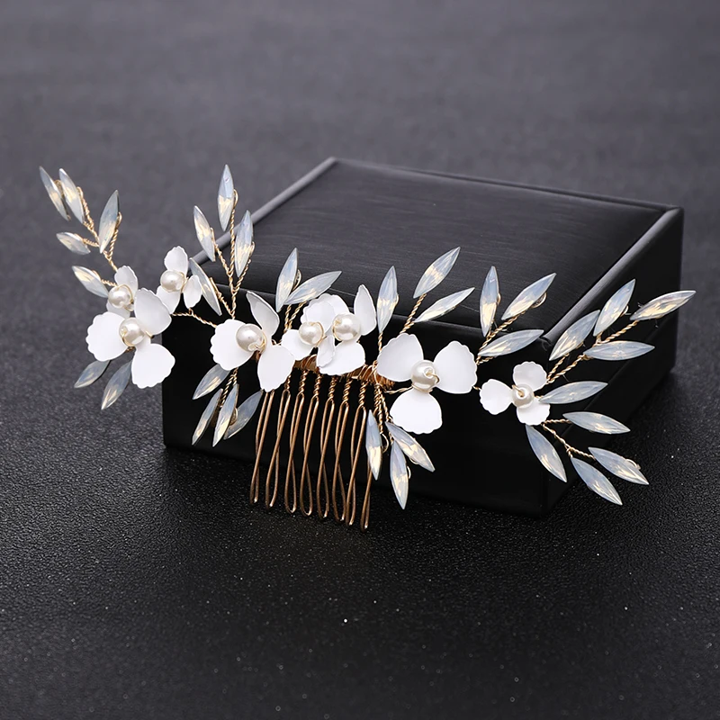 Gold Tiara Hair Combs Pearls Crystal Women Hair Jewelry Rhinestone Handmade Flower Hair Combs Bridal Wedding Hair Accessories