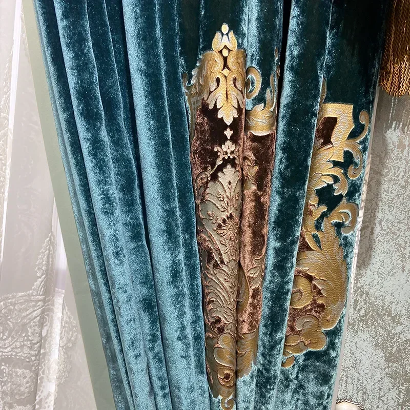 Customized Blue Gilded Embroidered Velvet Fabric For Palaces Curtains For Living Rooms Bedrooms Villas High Window Screens