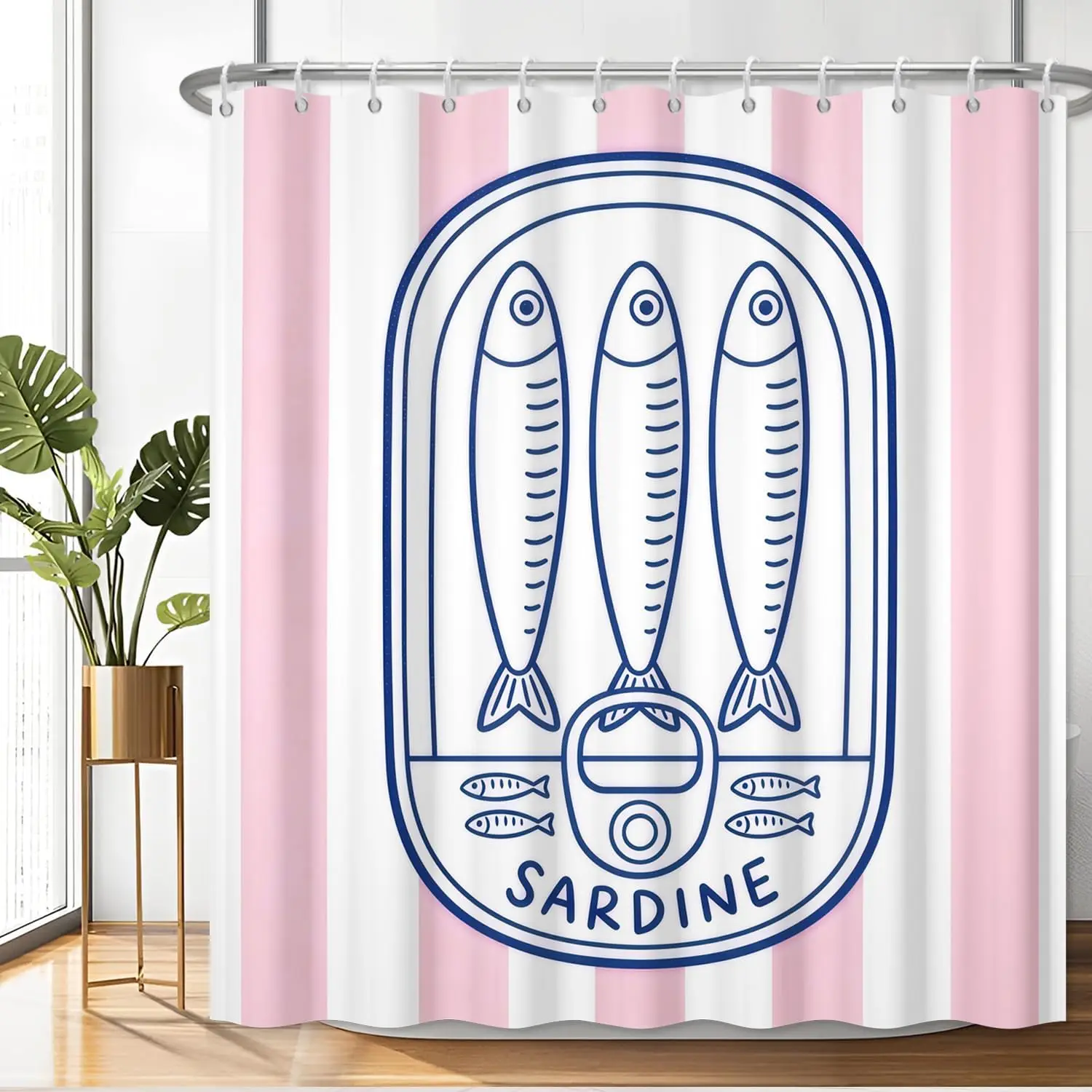 Cute Sardine Can Print Shower Curtain, Pink Striped Waterproof Bathroom Curtain, Nautical Fish Pattern Bath Decor Home Apartment