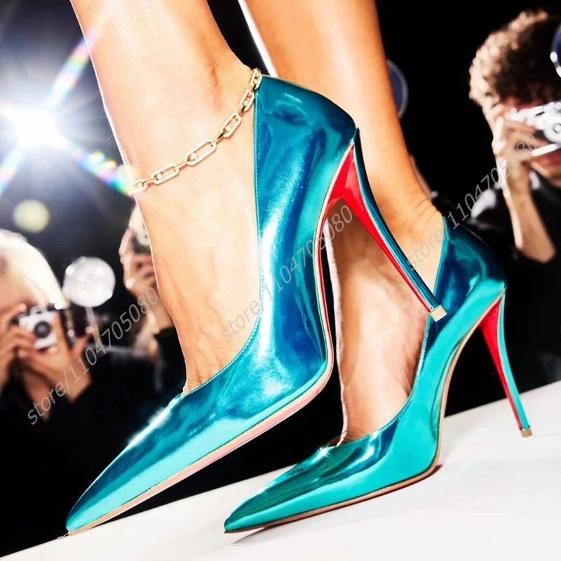 

Blue Mirror Shiny Leather Pump Girl Stiletto Pointed Rose Red Heel Woman Sexy Black Metallic Glitter Party Dress Concise shoes
