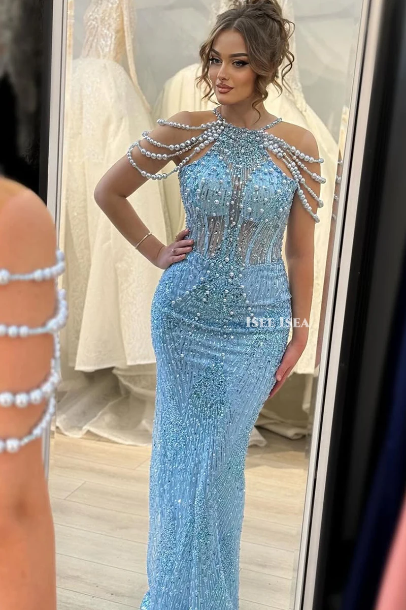 Himmelblaues exquisites Abendkleid mit Perlen, A-Linie, schulterfrei, Cocktail-Abschlussballkleid, arabische Meerjungfrau, Brautparty-Kleider, individuell gestaltet