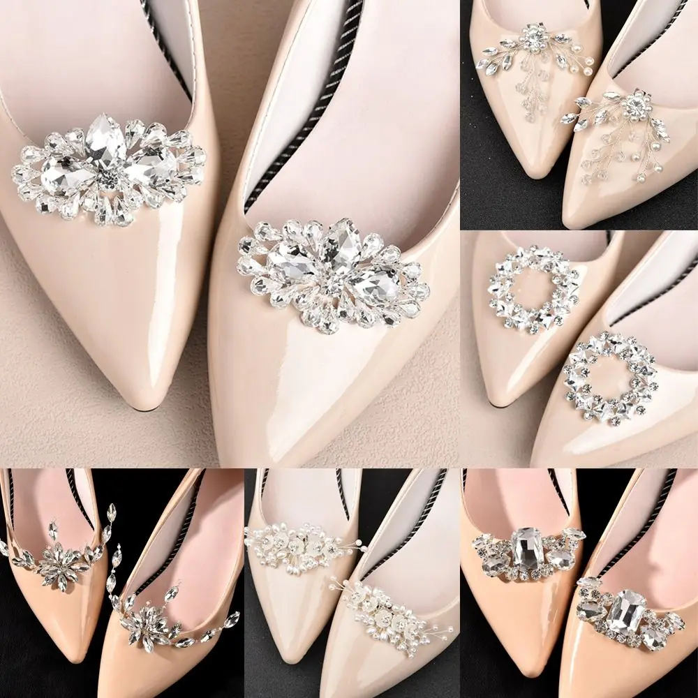 

2PCS Shoe Accessories Wedding Shiny Shoe Decorations Pearl Charm Buckle Rhinestone Shoe Clip Decorative Clips