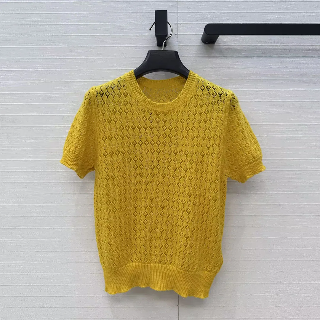 2026 New Summer Fashion Yellow Knitted Hollow Out Crochet Tops Women O-neck Short Sleeved Knitting Casual Sweet T-shirt