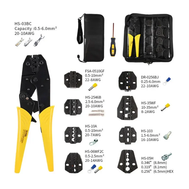 HS-03BC Crimp Plier 8 Jaws for Open bare Tube Non-Insulated Crimp Cap Coaxial Cable Connector Kit clamp tools Oxford Bag Combo