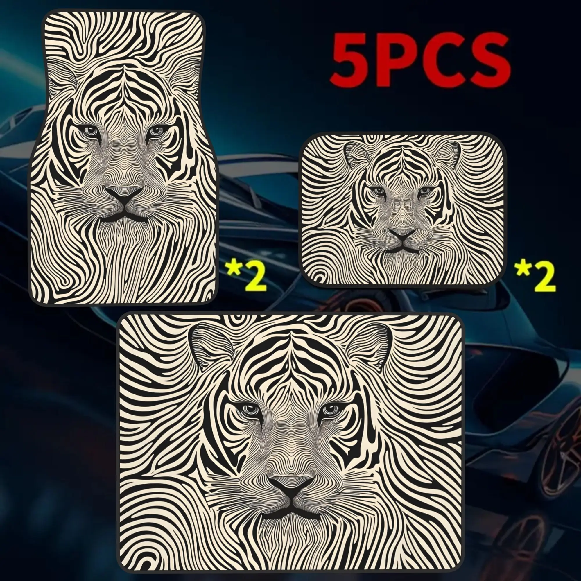 2D Plane 5pcs Single Line Tiger Print Car Floor Mat | Trunk Liner -5pcs Set (including 4 Floor Mats And 1 Trunk Liner) With Styl
