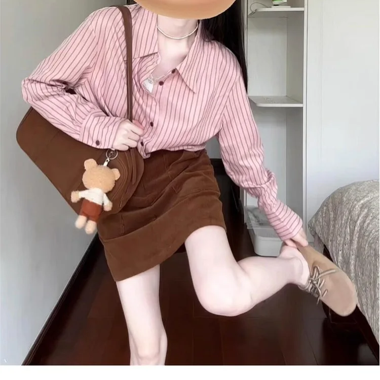 Pink Striped Shirt Set Skirt  Early Autumn 2025 New Small Temperament Skirt