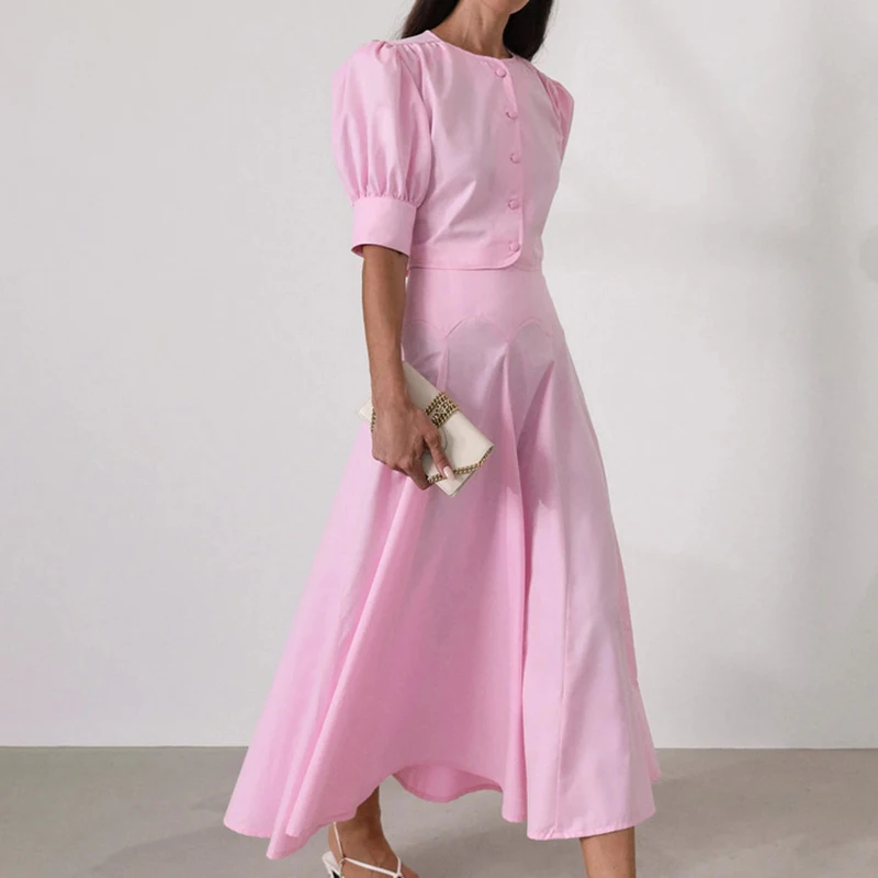 

Fashion Cotton Pink Skirt Outfit Spring Women Single Breasted Short Sleeved Tops+High Waist Slim Bust Skirt Autumn Two Piece Set