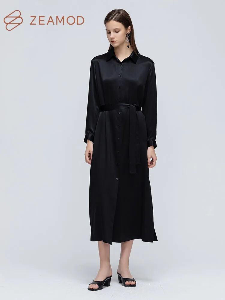 AMOD-Robe chemise à manches longues avec ceinture pour femme, vêtements boutonnés sur le devant, robe décontractée, élégante, traitée, 22 Momme