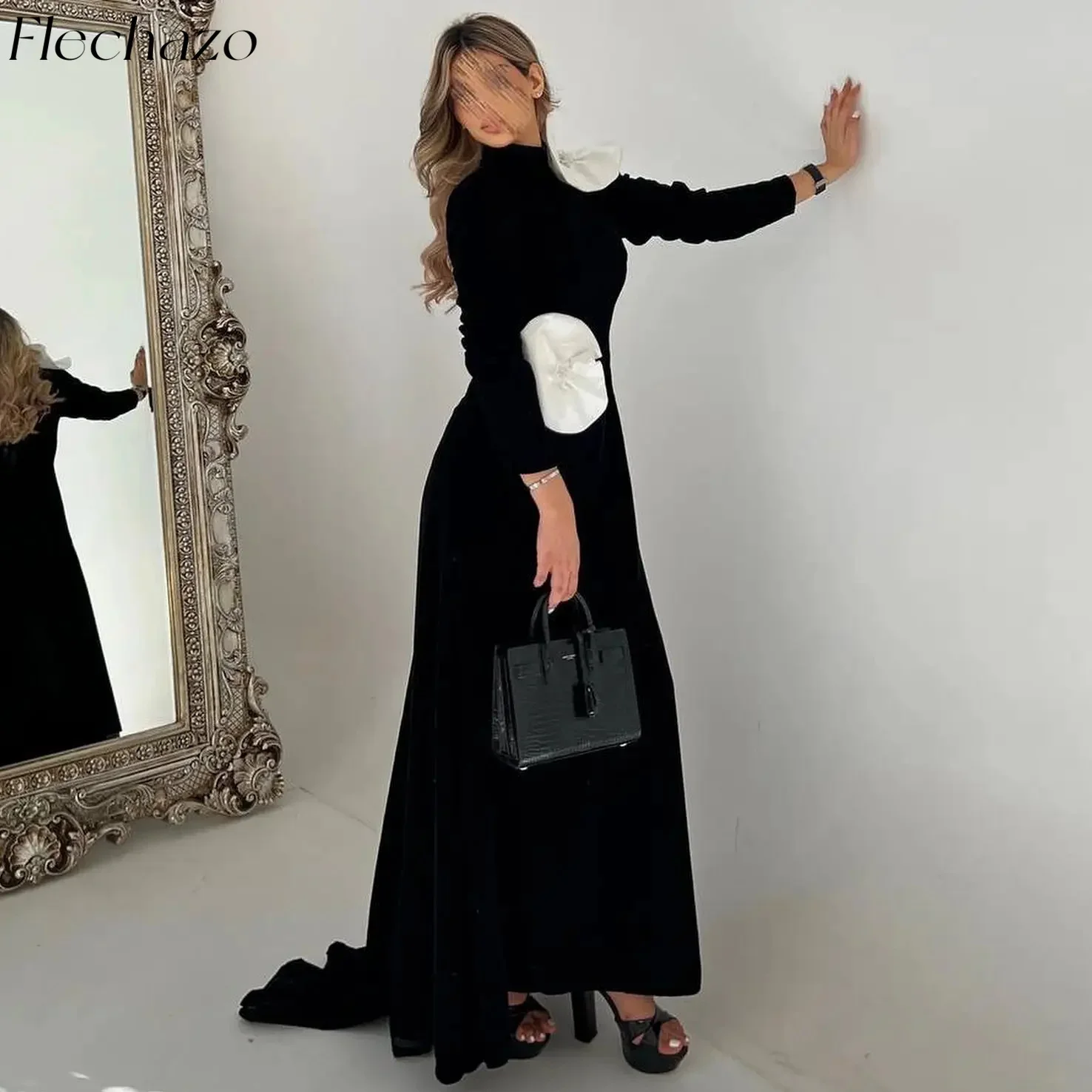 

Flechazo Black Prom Dresses High Neck Flower Applique Floor-Length Simple Elegant Party Dress Customized vestidos de noche