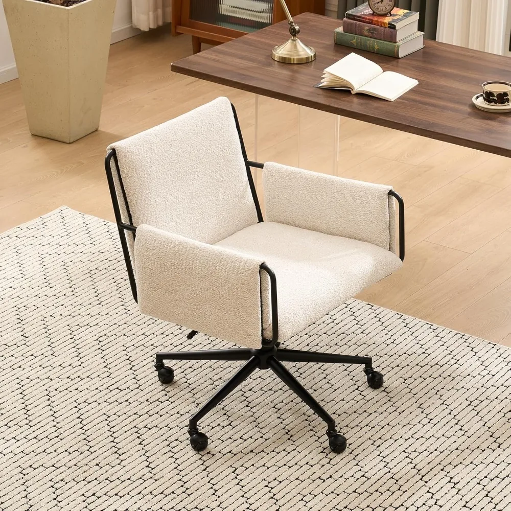

Современный офисный стул, бежевая ткань букле, регулируемая высота, емкость 300 фунтов, колеса, подлокотник, идеально подходит для домашнего офиса, спальни