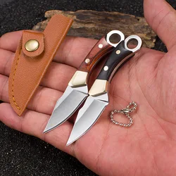 Wooden Handle Small Straight Knife Outdoor Camping Sharp Self-defense Fruit Knife Hand Meat Knife Unwrap Mini Pendant Gift Knife