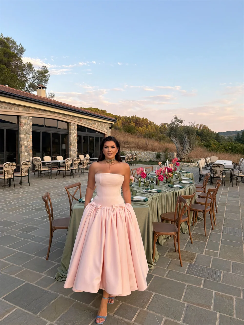Amanda Customizd Strapless Lace‑up Corset A‑line Satin Ball gown Prom dresses Side Bow Pink Dreamy Glamorous Evening dress 2026