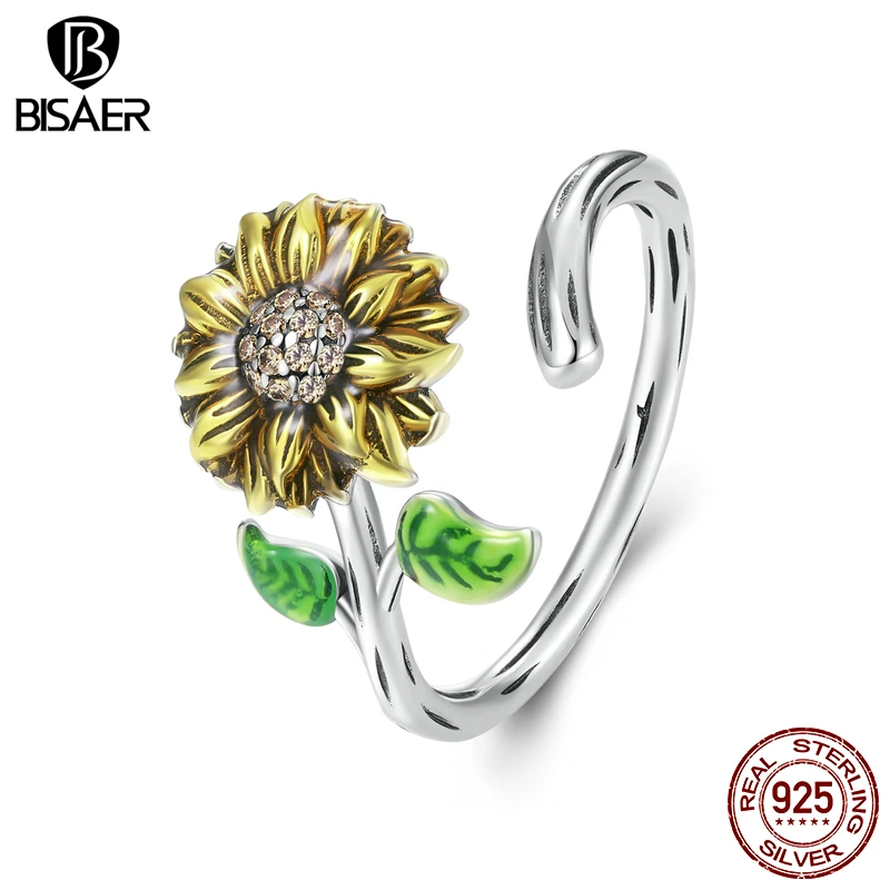 BISAER 100% 925 Sterling Silver Sunflower Open Ring Size 5-9 for Elegant Women Party Enamel Process Fine Jewelry ECR934