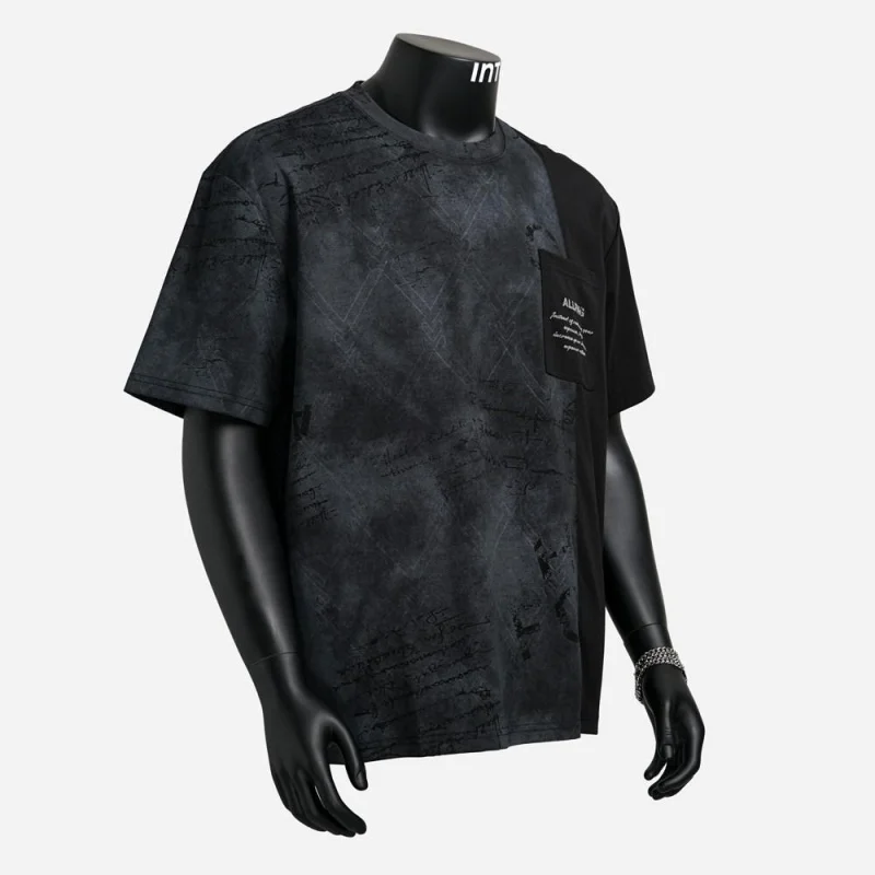 Men's T-Shirt with Korean Delicate Pattern, Patchwork Design, Loose Round Neck, with Pockets, for Summer, Casual Daily Style