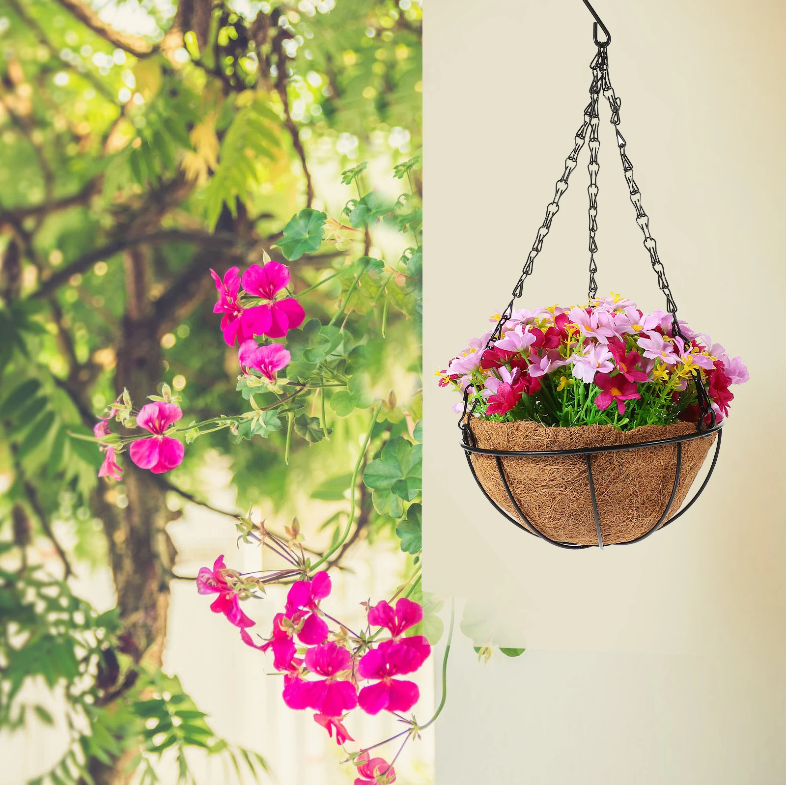 

Artificial Flower Basket Pink RedIndoor Outdoor Decoration Lifelike Not Easy Artificial Hanging Basket With Flower To