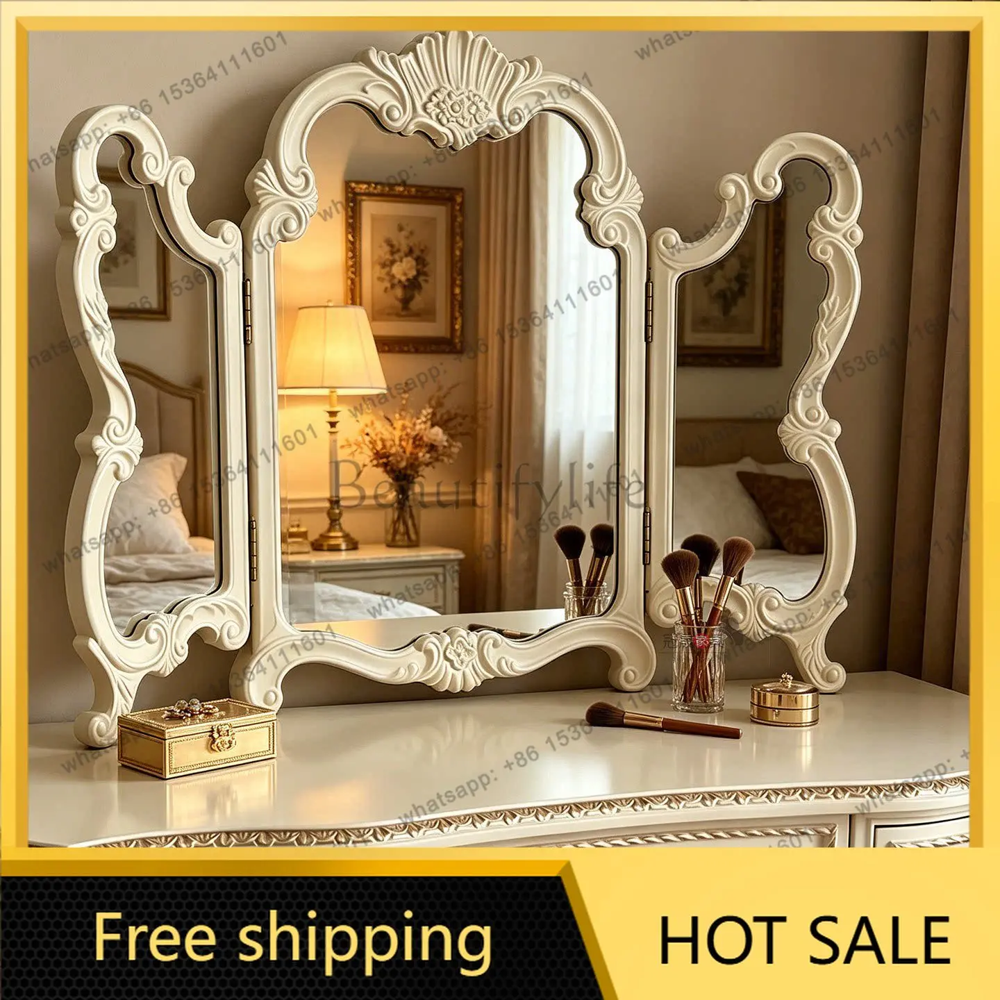 XX. European retro tri-fold makeup mirror bedroom dresser three-sided mirror