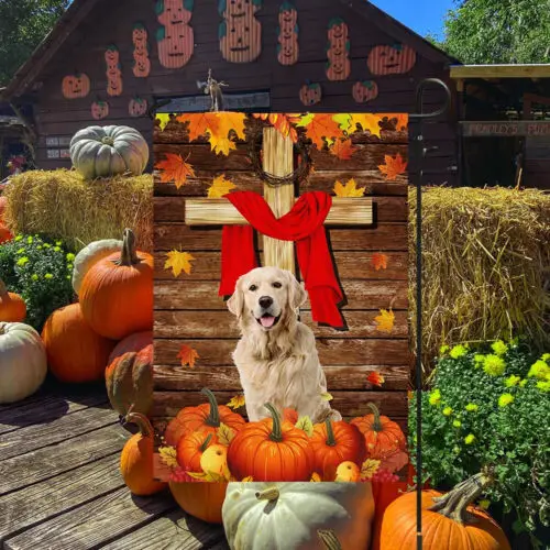 Golden Retriever, Pumpkins Happy Fall Thanksgiving Flag Garden Flag