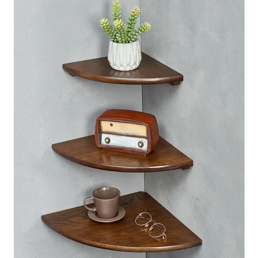 

Corner Shelves Floating Corner Shelf Set of 3 Solid Oak Wood Corner Wall Shelves Round End with Wire Hole Shelving for Small Pl