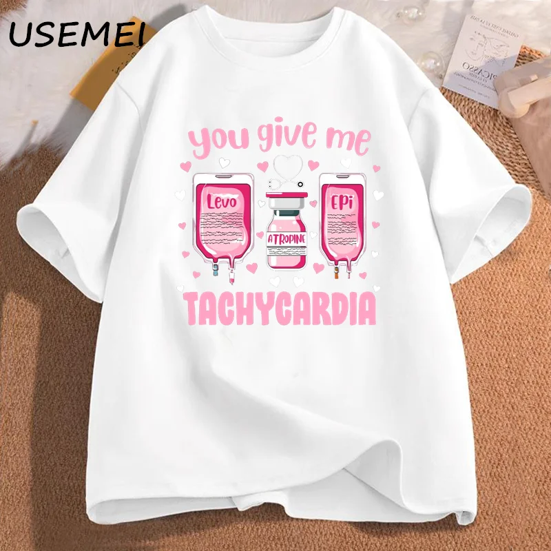 You Give Me Tachycardia T-shirt Valentine's Day ICU Nurse T Shirt Women Short Sleeve Critical Care Rn Medical Valentine Tee