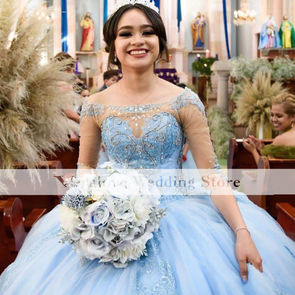 أزرق فاتح فساتين Quinceanera, ثوب حفلة, أكمام طويلة, دانتيل زينة, فستان مشد, 15 سنة