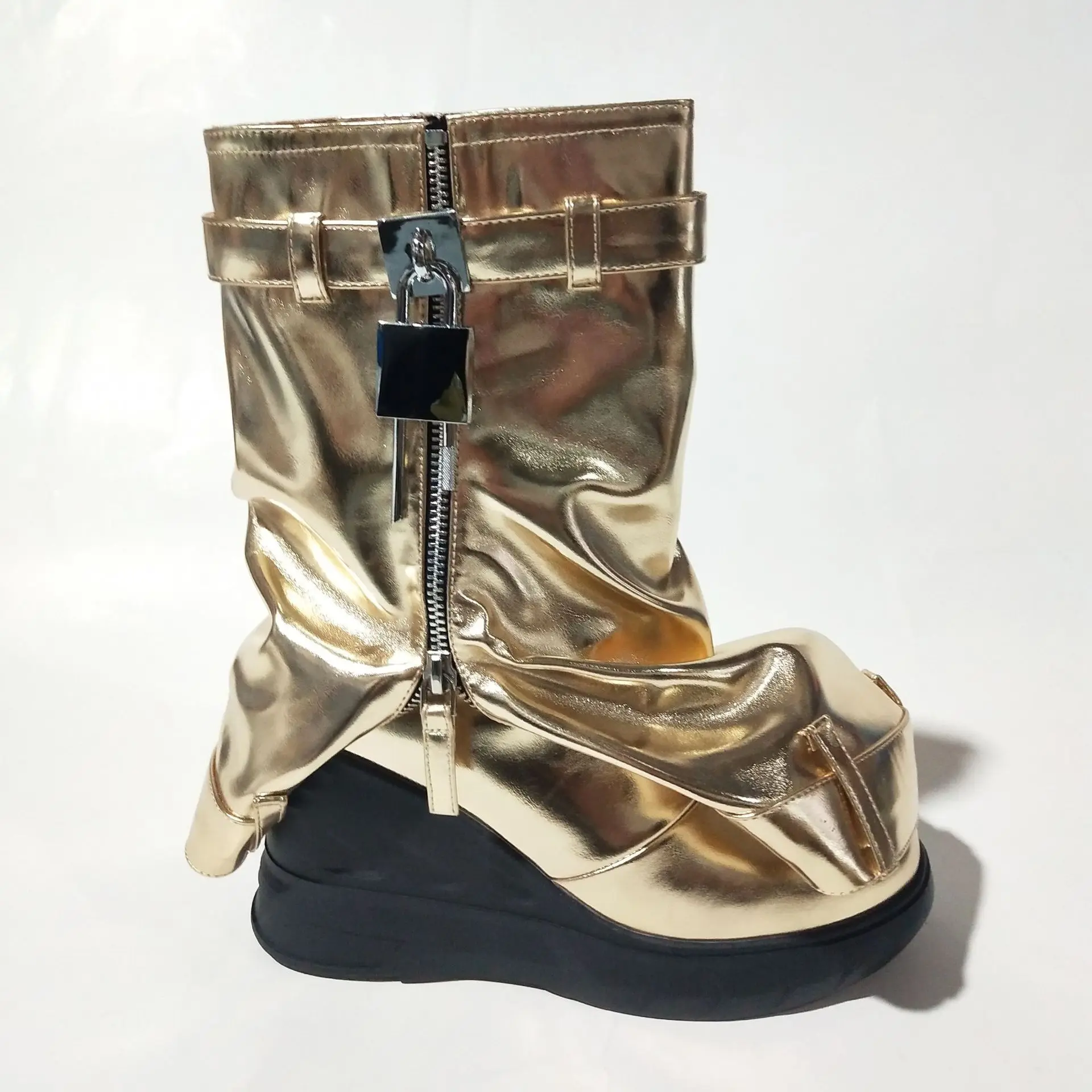 

Gold Zipper Lock Platform Wedge Mid-Calf Boots Woman Winter 2023 New In Silver Trouser Slip-On Boot Luxury Shoes for Women