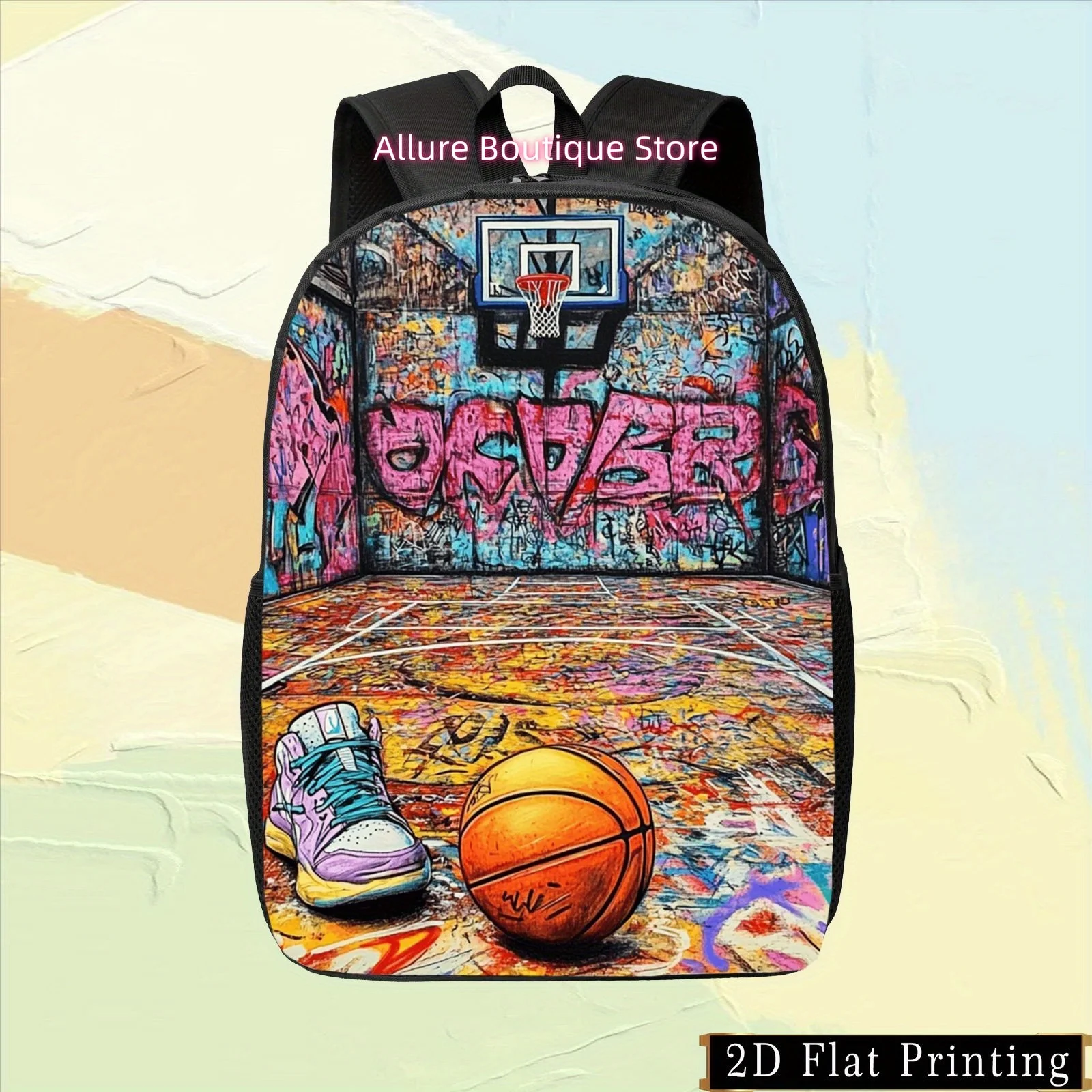 1pc Colorful Single-Sided Print Student Backpack with Basketball Court Pattern, Hand-Washable Zipper Backpack, Fashion Multi-Use