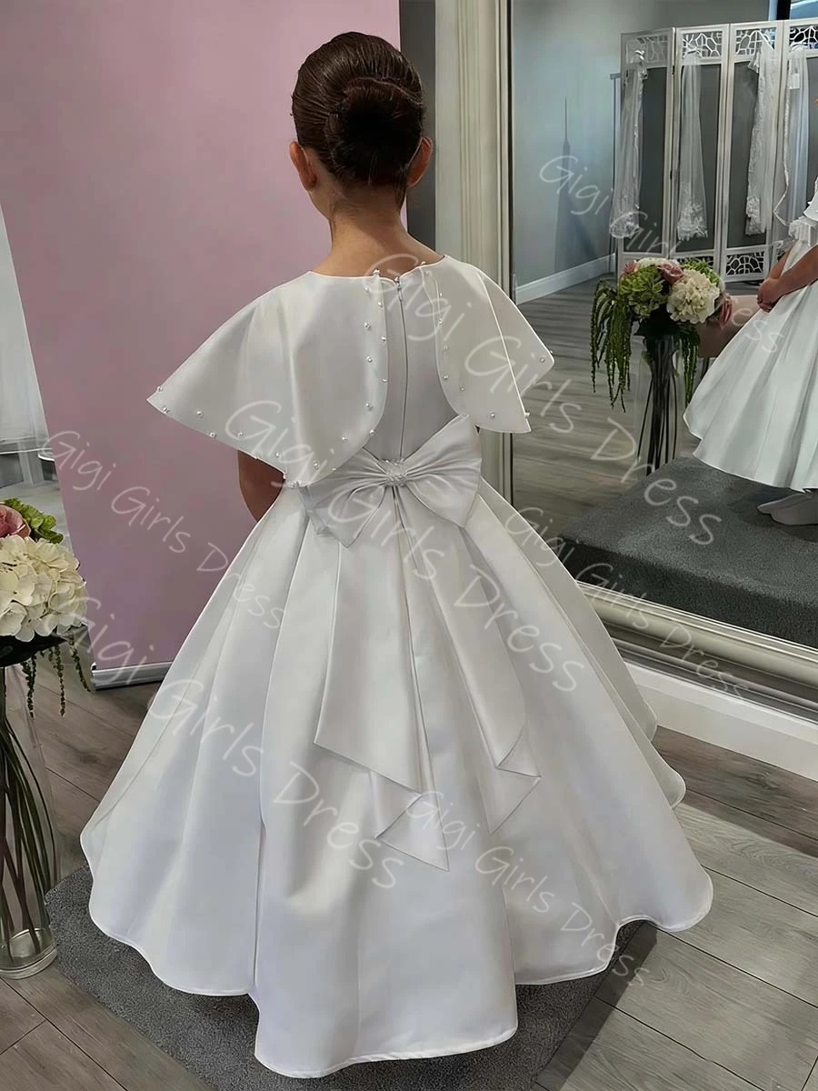 

Girls Shawl Sleeves First Communion Dress with Beading A-line/Princess Satin Bow Flower Girl Dress for Wedding Party Gown Custom