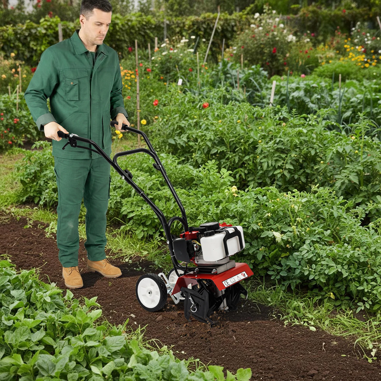 

Mini Tiller Cultivator Gas Powered 52CC 2 Stroke Garden Cultivator with Adjustable Wheels for Soil Tilling Weeding Farming