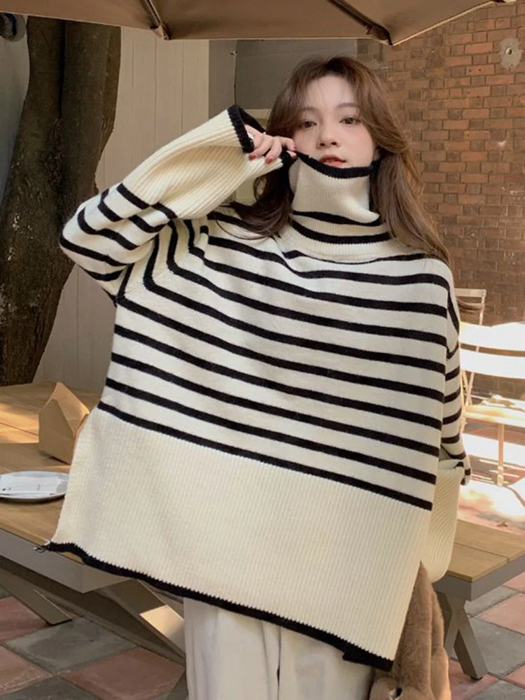 

Полосатые винтажные водолазки, женские повседневные свободные вязаные пуловеры с разрезом, корейские ретро ленивые ветровые женские осенние джемперы