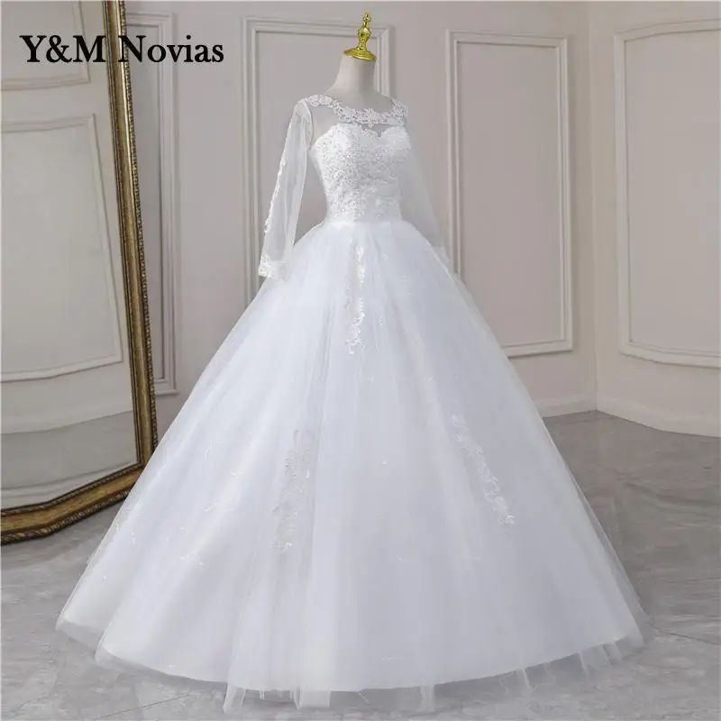 Real Video Cheap Luxury Pearls Ball Gowns O-Neck Off White Tulle Bridal Dress For Wedding Dresses with Sleeve Plus Size Custome