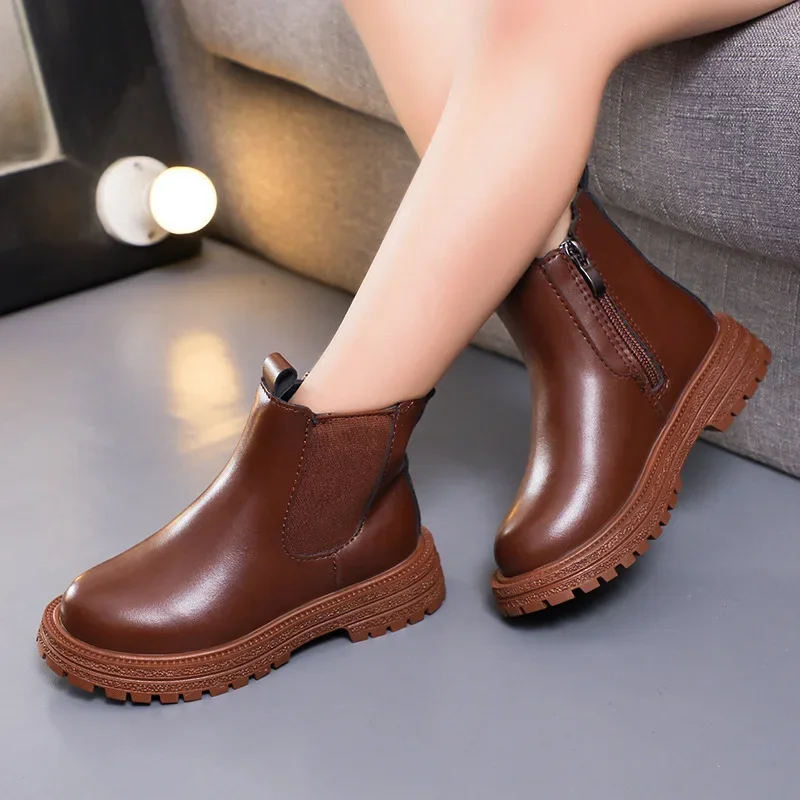 Boys Girls Leather Shoes Kids England Style Boots Children Single Boots Solid Color Baby Non-slip Wear-resistant Casual Footwear