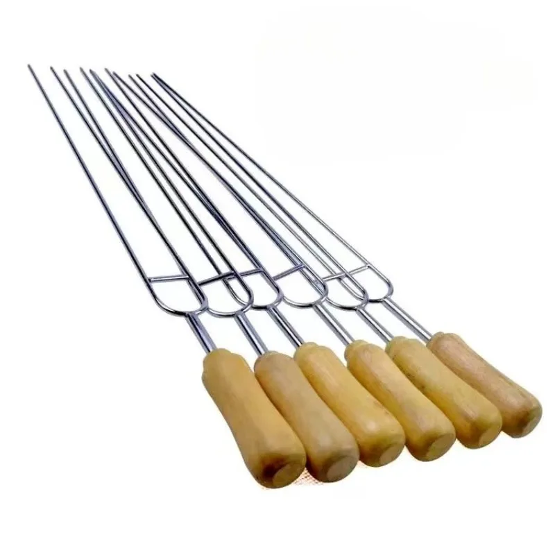 6pcs Double Prong Stainless Steel Kebabs Skewers with Wooden Handle for Grilling BBQ Reusable Shish Kebab Forks
