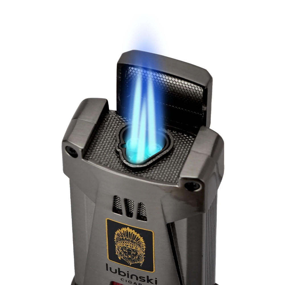 LUBINSKI Lighter Cigar Punch 2 Size Driller Metal 3 Jet Blue Flame Torch Cigar Lighter Butane Gas Refillable