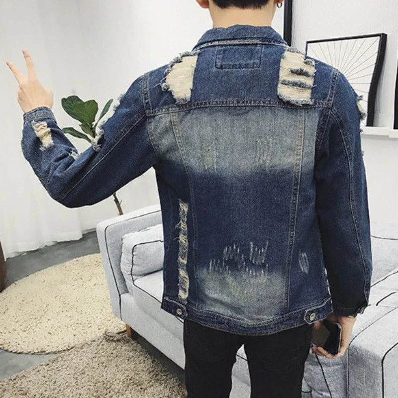 Autumn Biker With Hole Men's Denim Jacket Button Ripped Blue Male Jean Coats Motorcycle Loose Designer Wholesale Trendy G