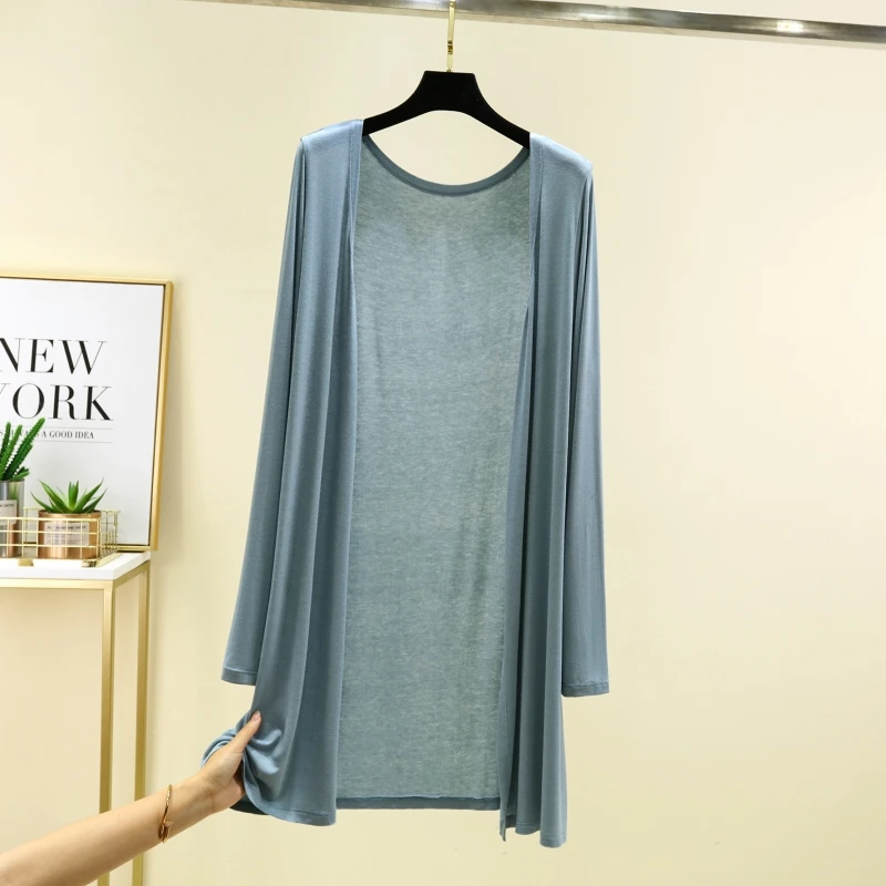 Letni kardigan damski z modalu, długi, rozpinany, cienki, chroniący przed słońcem, odzież wierzchnia, jednolity kolor, idealny na klimatyzację.
