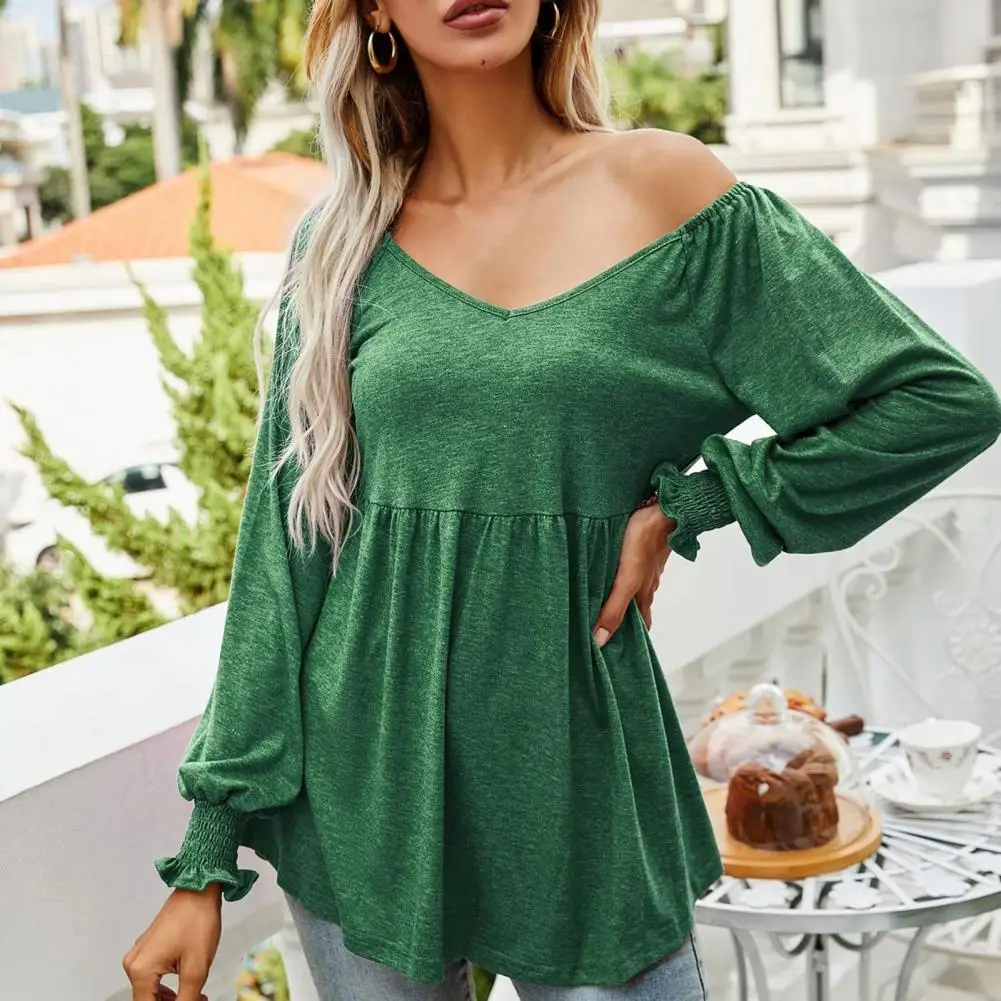 Trendy Tunic Blouse V-neck Thin Comfy Lantern Long Sleeve Lady Tunic Blouse