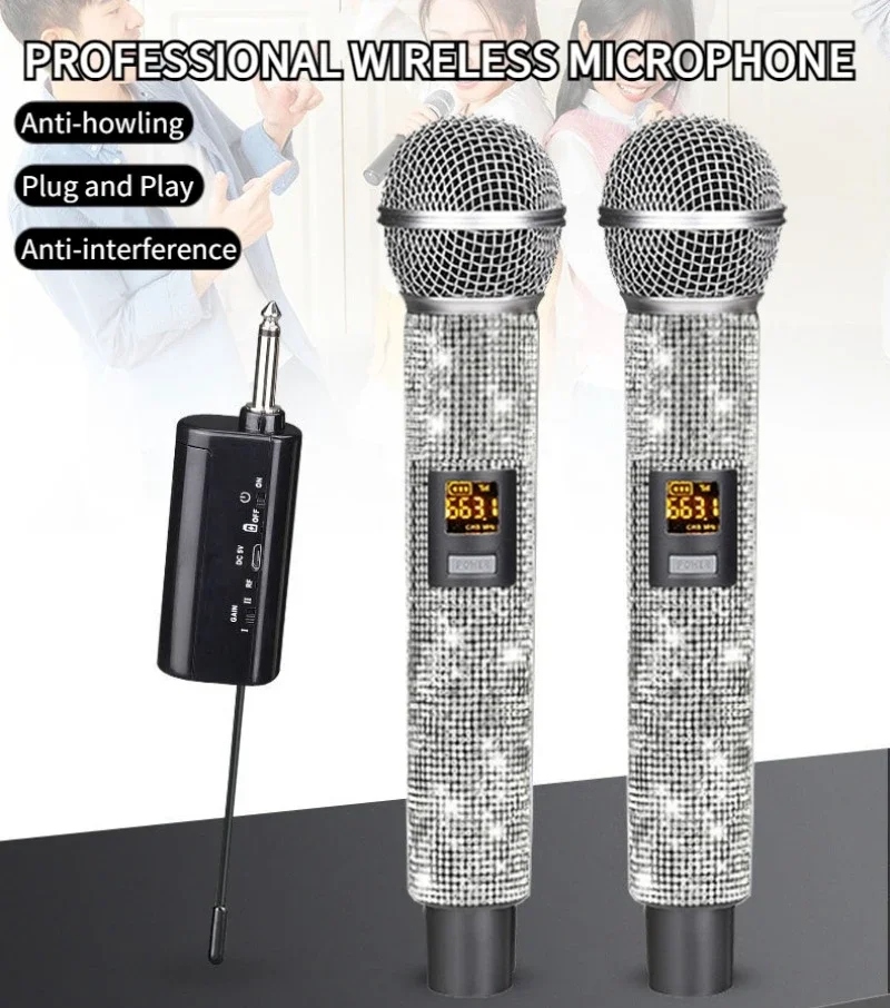 Dual Diamond Wireless Microphone Crystal Cordless Dynamic Mic Rechargeable Battery Receiver for Party Speech Karaoke Church