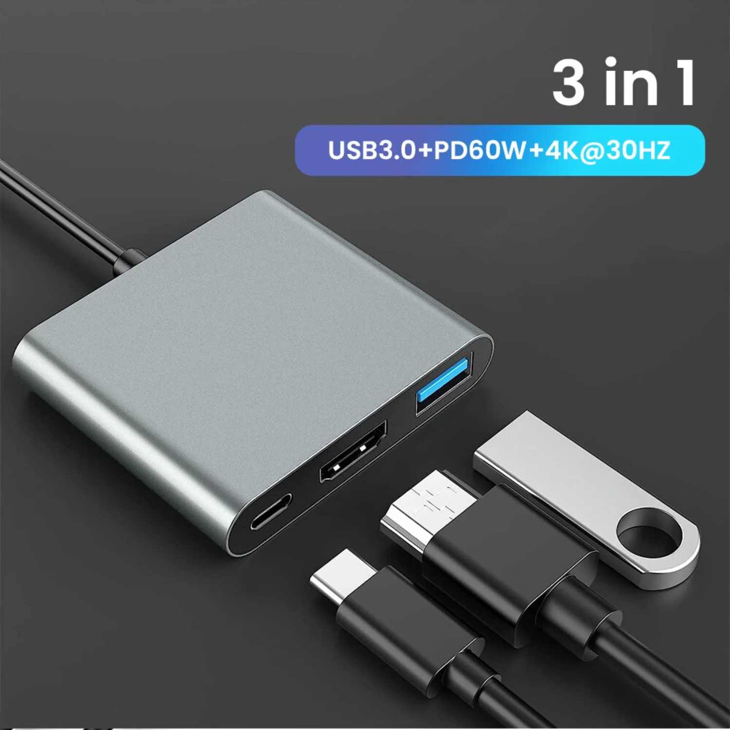 3-in-1 USB C Hub with 60W Type C Power Delivery 4K  Square Portable Adapter Multiple Port Hub  MacBook Air/Pro ChromeBook